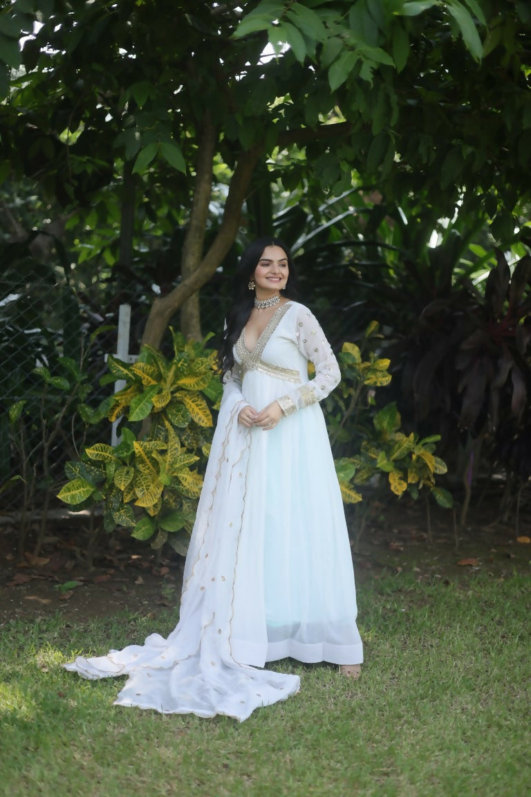 Jyoti Fashion Women's White Faux Blooming Sequins Zari Embroidered Anarkali Dress with Dupatta | Swadesiicart