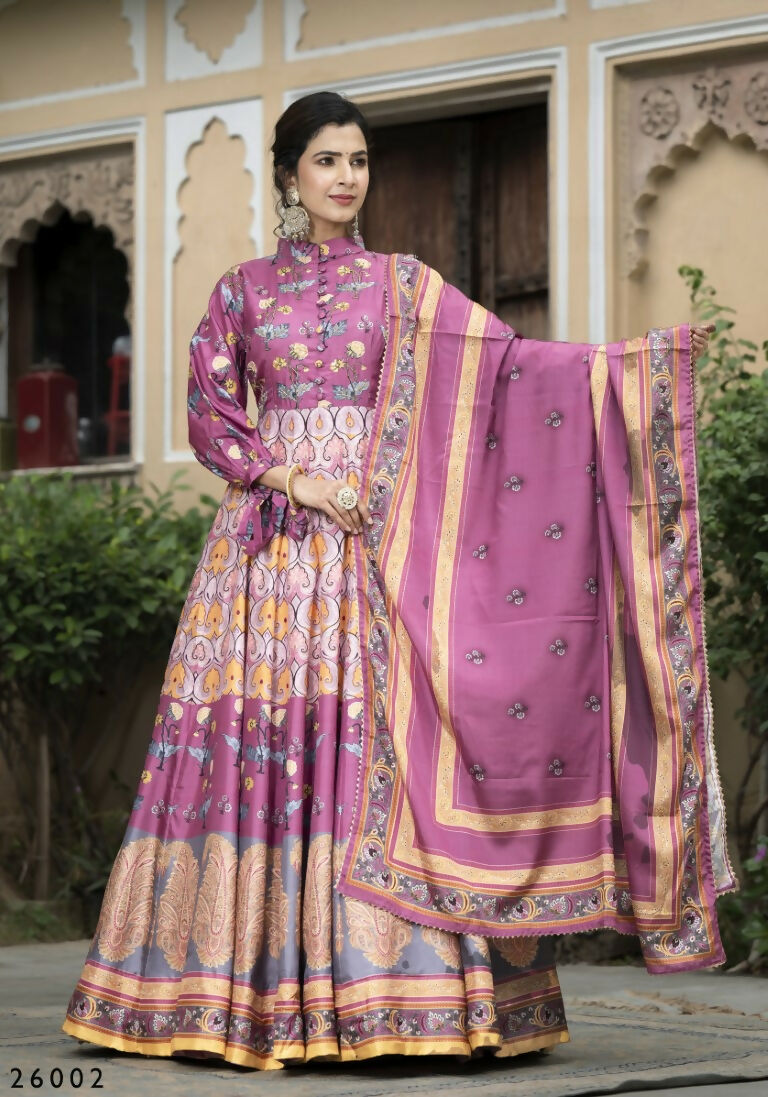 Wedding Designer Purple Soft Dola Silk Anarkali suit with Dupatta - Samanta - Swadesiicart