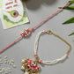 NVR Women & Men Set of 2 Pink Lotus Shape Kundan-Studded & Beaded Wraparound Rakhi Set With Roli Chawal & Chocolate | Swadesiicart