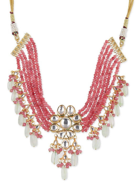 Pink White Brass Gold-Polished Necklace - Ruby Raang | Swadesiicart