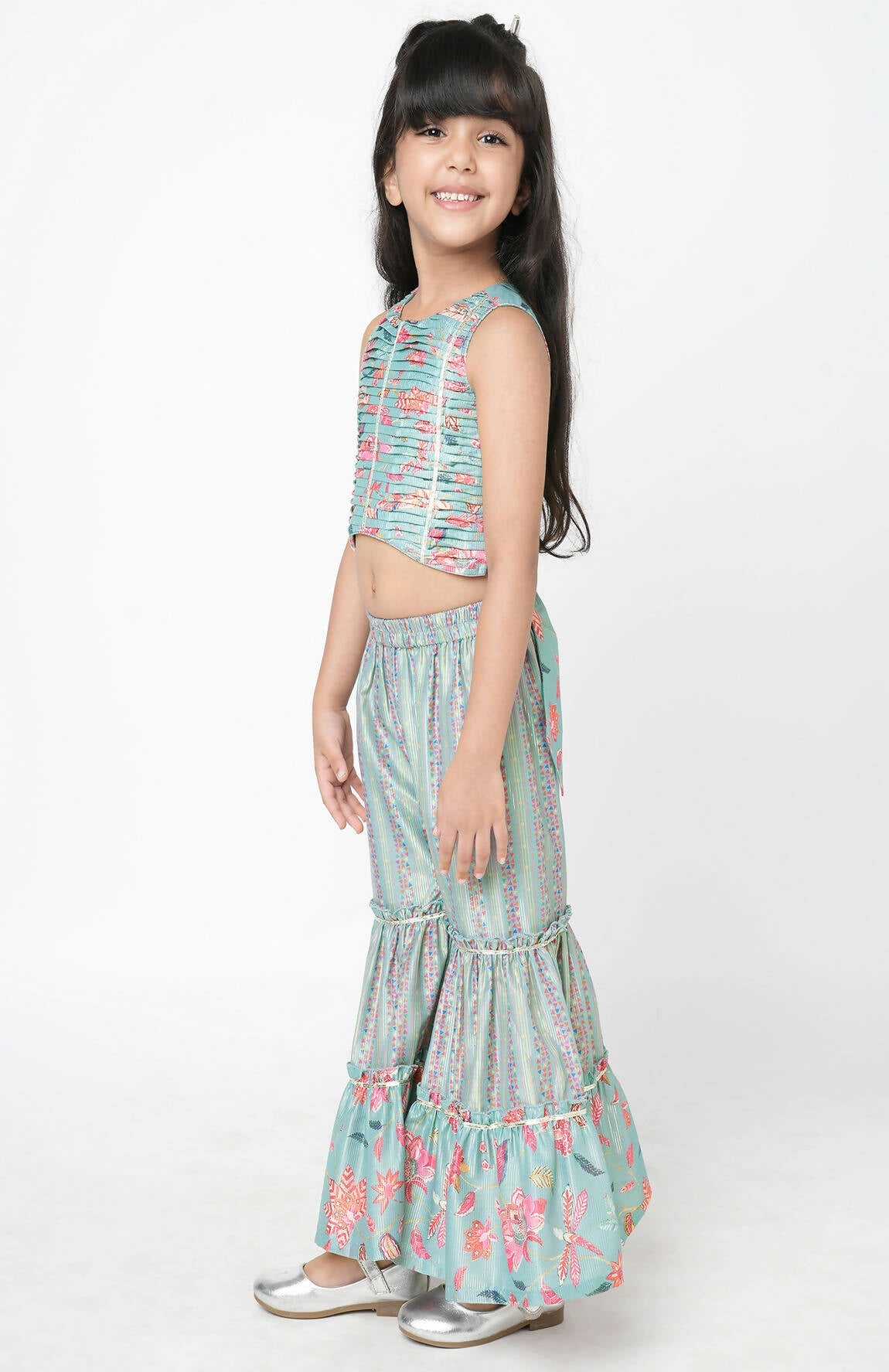 Lil Drama Golden Weaves Blue Crop Top With Palazzo Co-Ordinate Set - Swadesiicart
