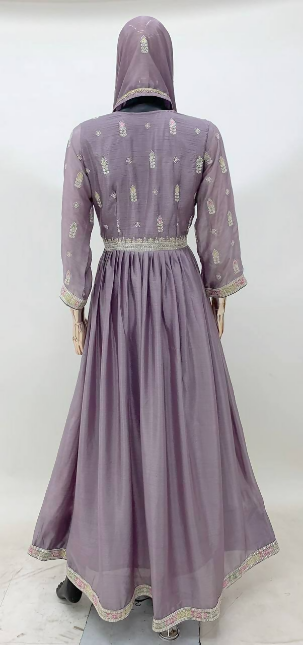 Lorenvalley Fashion Lavender Chinon Embroidery With Sequince Work Gown Stitched | Swadesiicart