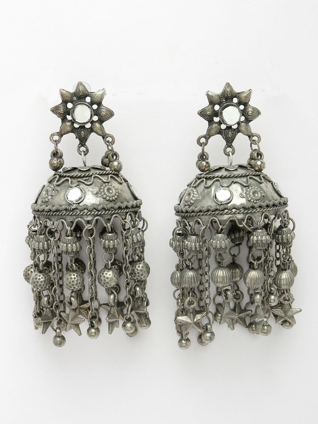 NVR Women's Silver Plated Mirror Work Oxidised Contemporary Jhumka Earrings | Swadesiicart