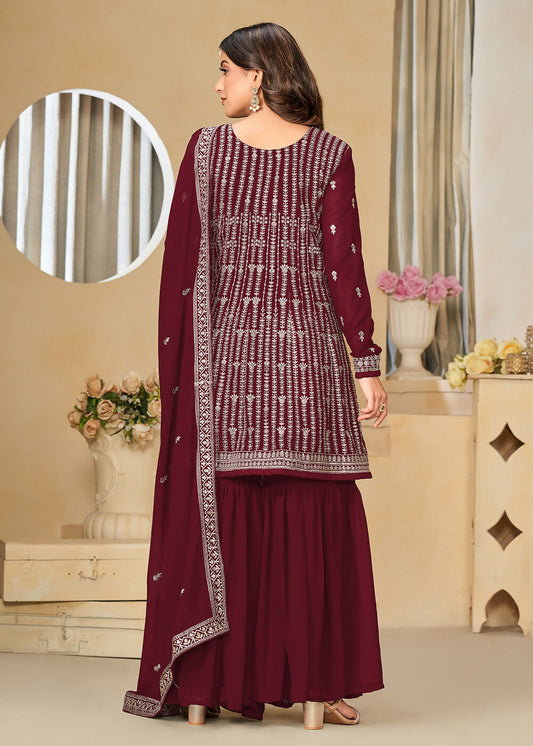 Faux Georgette Maroon Embroidered Gharara Style Suit - Emponline | Swadesiicart