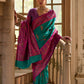 Vishnu Weaves Women's Rama Banarasi Silk Kalamkari Zari Woven Saree with Blouse - Swadesiicart