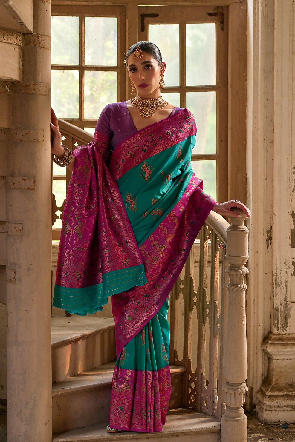 Vishnu Weaves Women's Rama Banarasi Silk Kalamkari Zari Woven Saree with Blouse - Swadesiicart