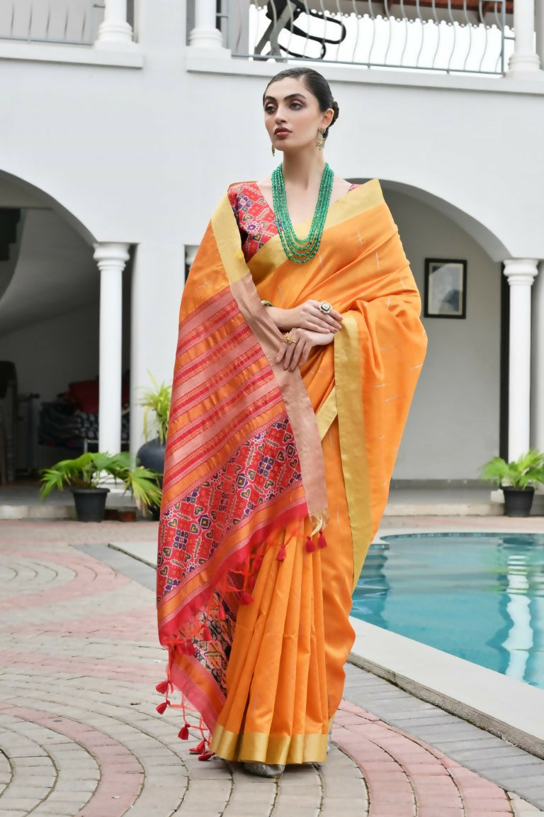 Vishnu Weaves Women's Mustard Raw Silk Patola Zari Woven Saree with Blouse - Swadesiicart