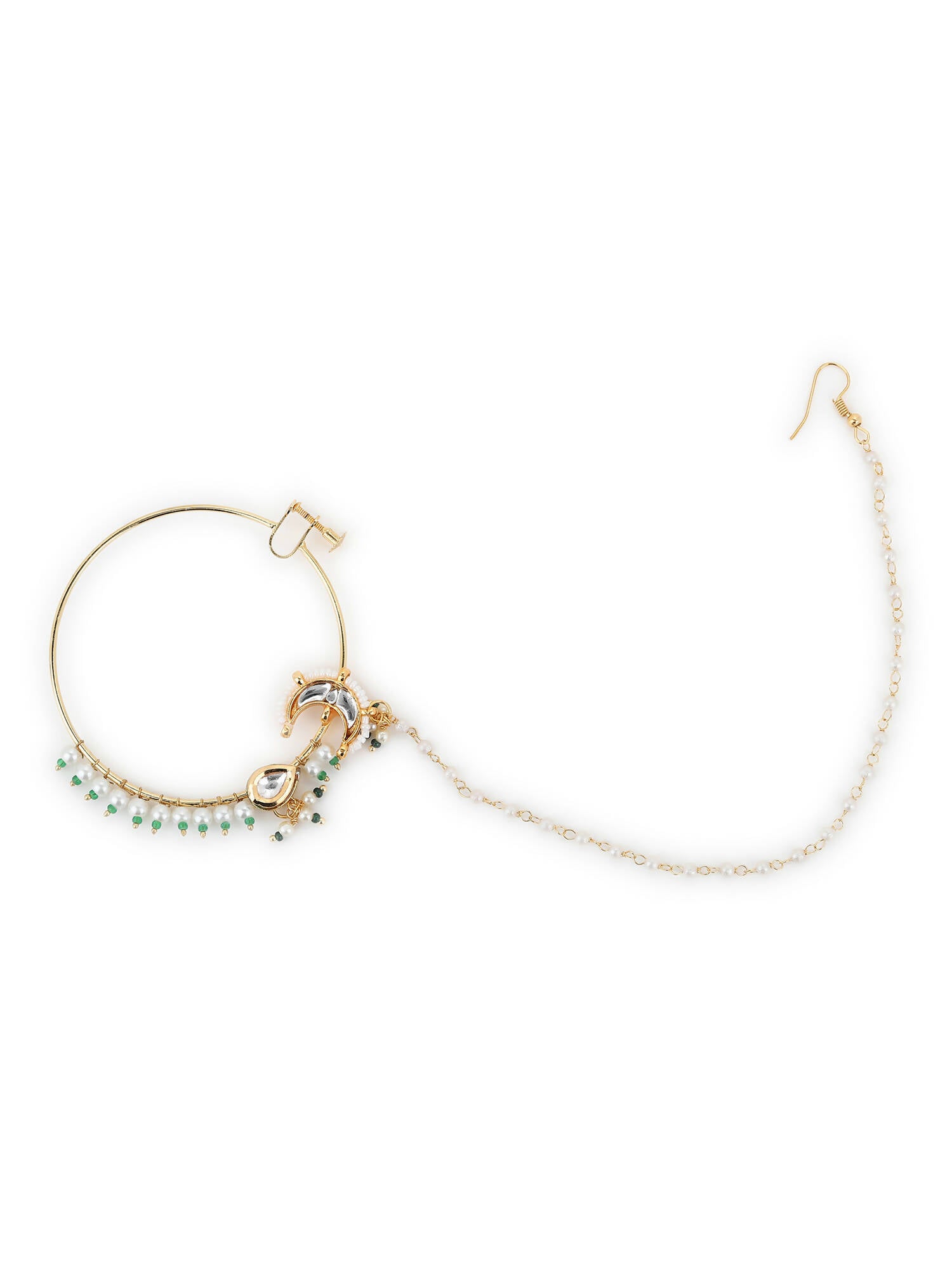 Gold-Polished White Green Kundan-Studded Pearl Beaded Nosepin - Ruby Raang | Swadesiicart