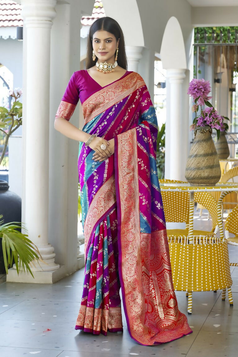 Vishnu Weaves Women's Pink Banarasi Silk Zari Woven Saree with Blouse - Swadesiicart