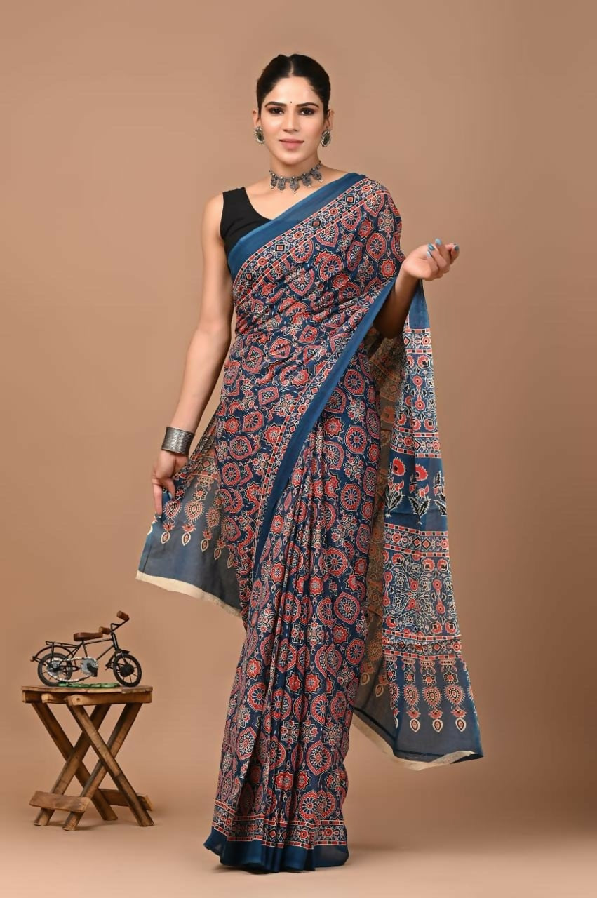 Exclusive Collection Blue White Beautiful Mulmul Cotton Saree - Swadesiicart