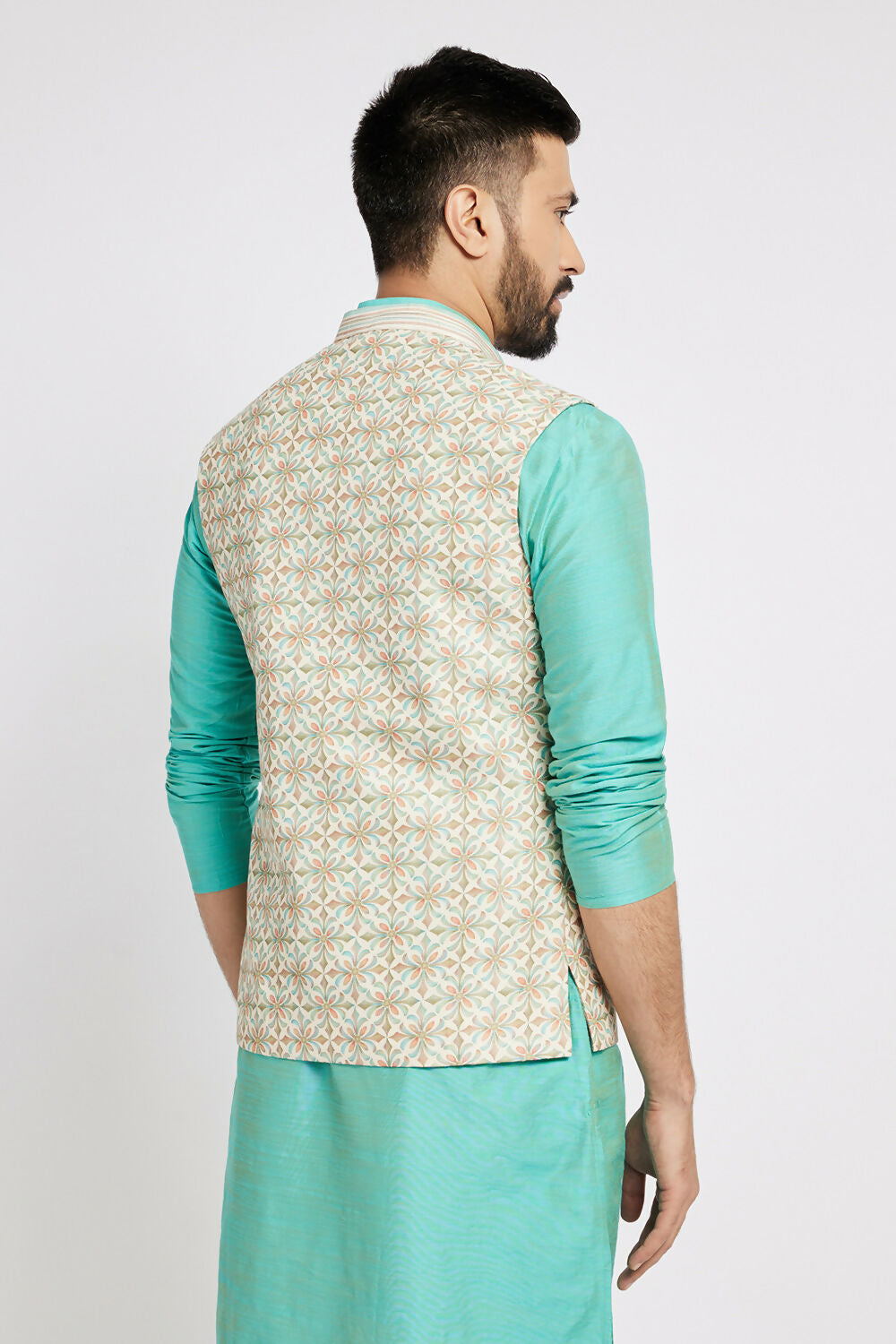 Ethnic India Light Blue Bundi Men's Jacket Abstract Polyester | Swadesiicart