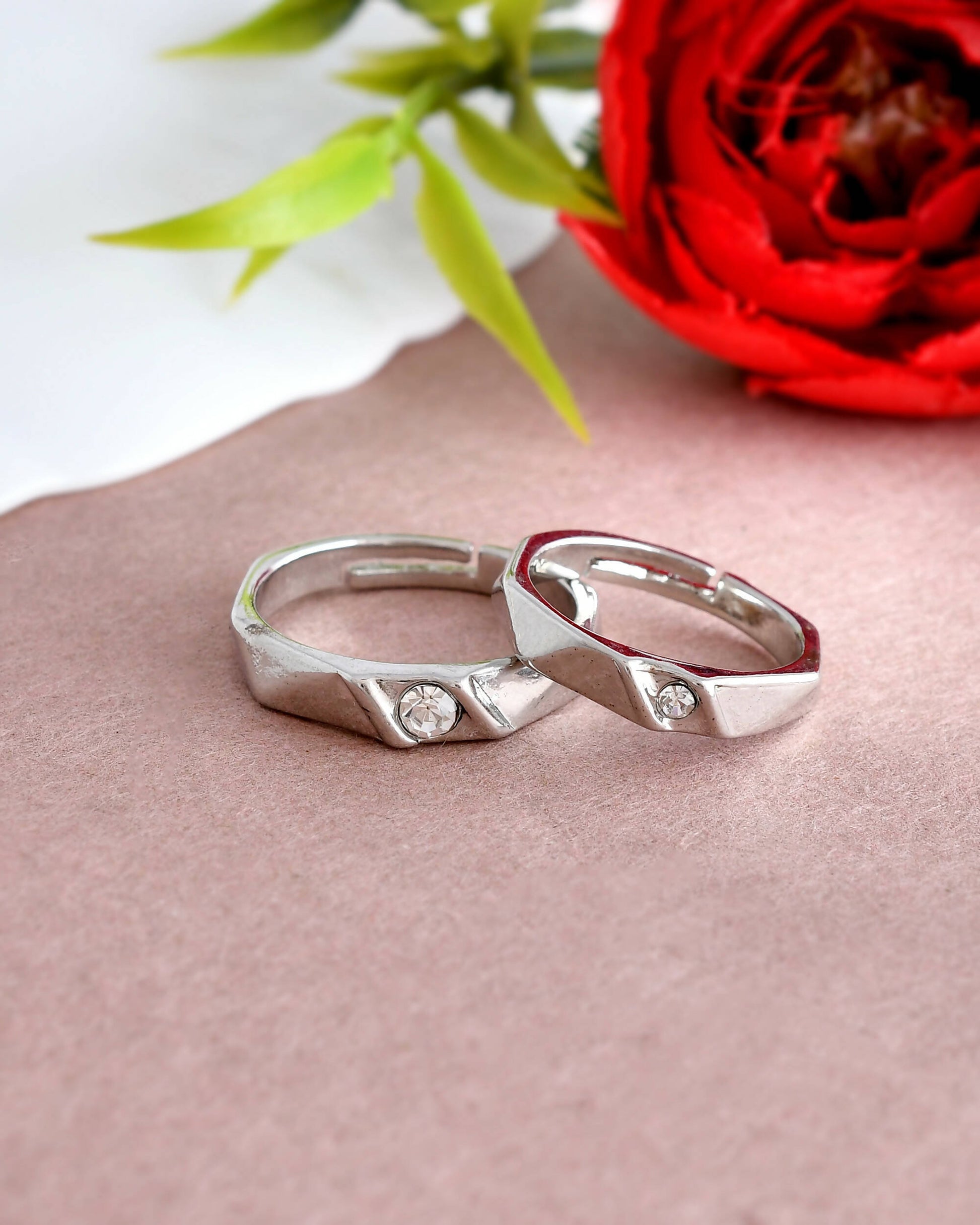 VOJ Stainless Steel Cubic Zirconia Silver Plated Adjustable Ring Set for Couple | Swadesiicart