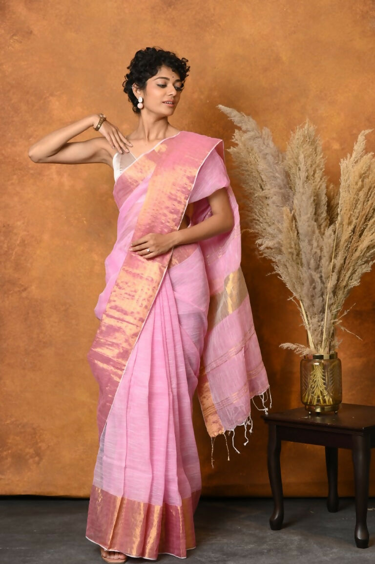 Very Much Indian Handloom Pure Cotton Linen Saree With Golden Border - Pink | Swadesiicart