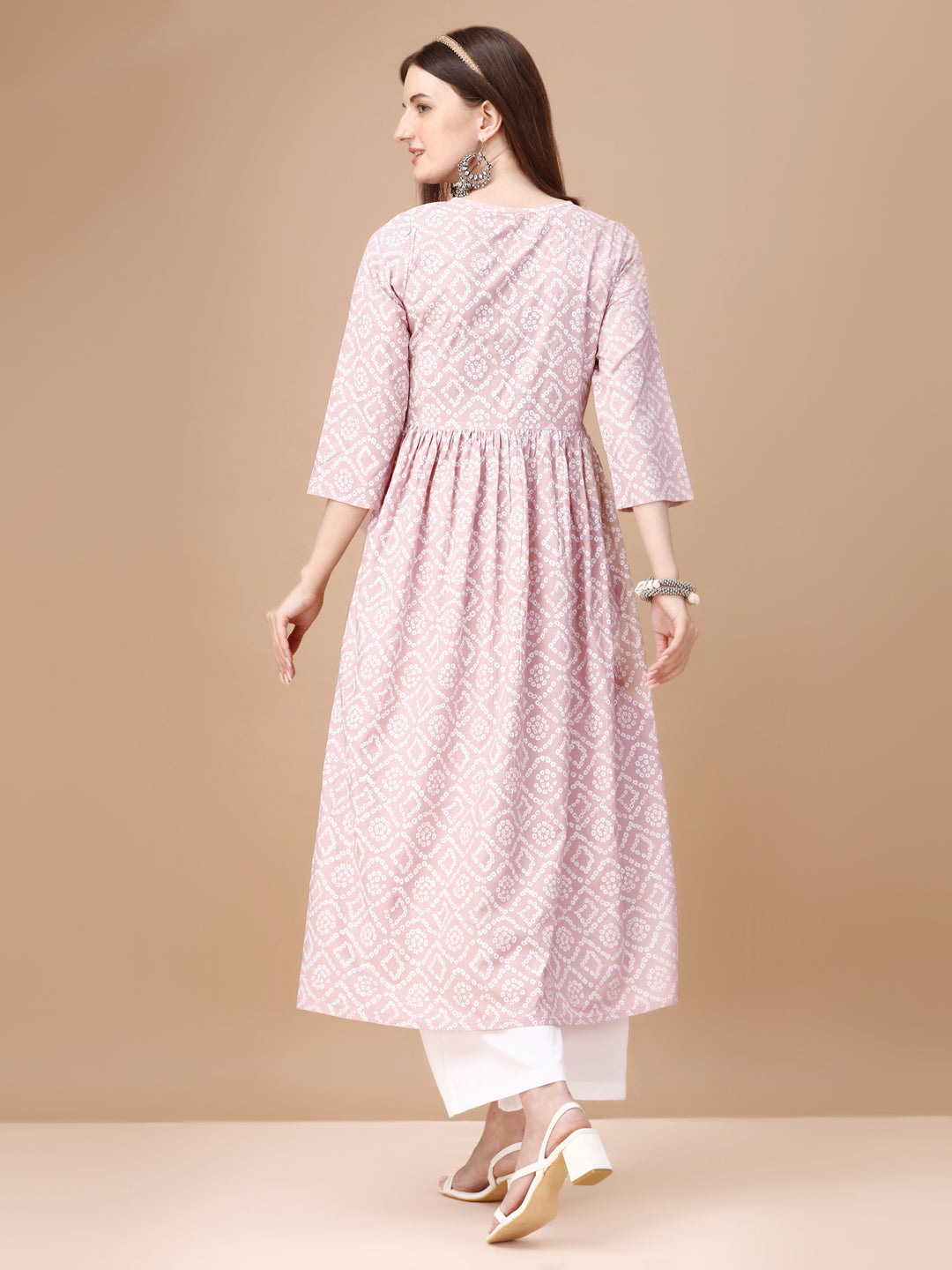 Bandhani Printed Flared Tie Up Neck Kurta, Multicolor - Hiral Fashion