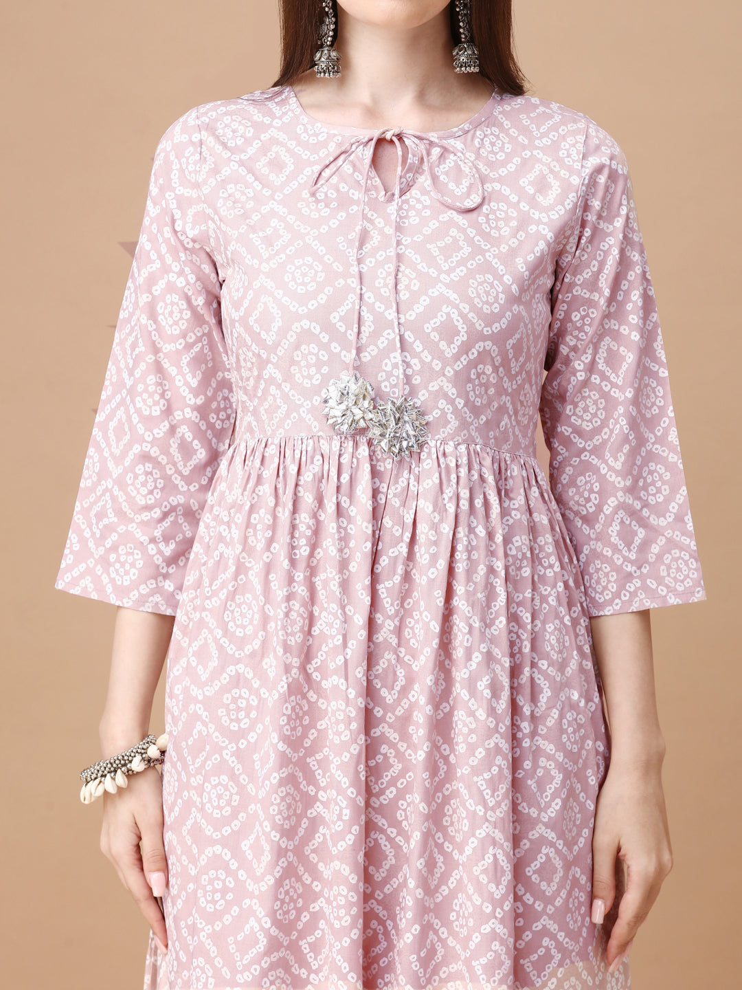 Bandhani Printed Flared Tie Up Neck Kurta, Multicolor - Hiral Fashion