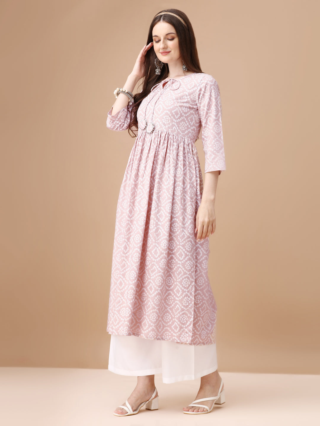Bandhani Printed Flared Tie Up Neck Kurta, Multicolor - Hiral Fashion
