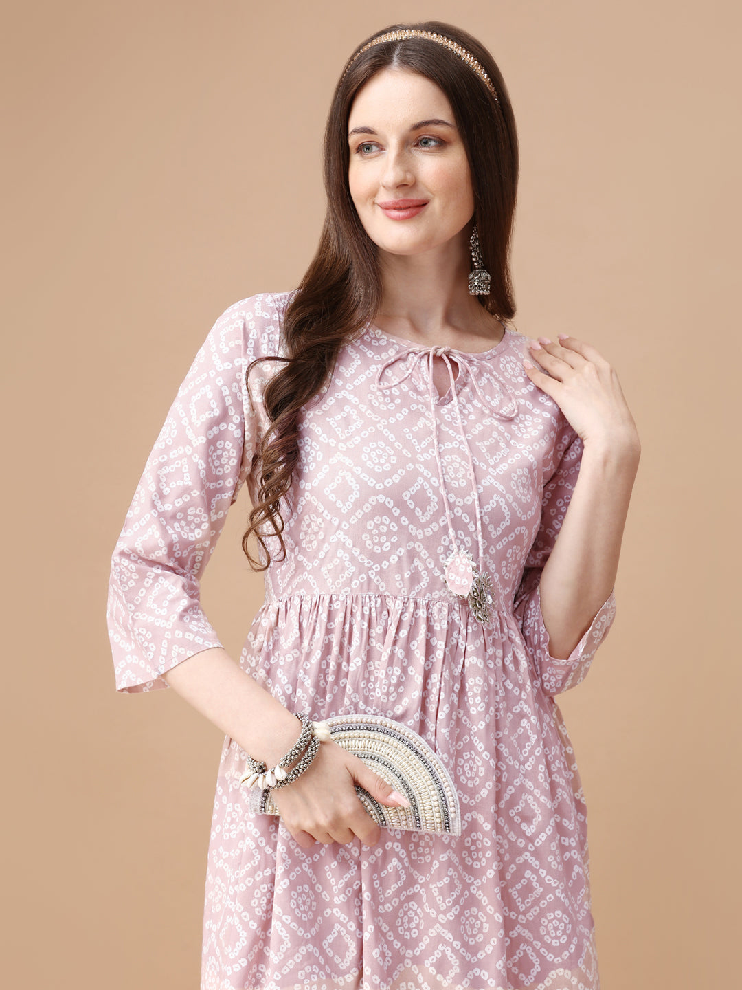Bandhani Printed Flared Tie Up Neck Kurta, Multicolor - Hiral Fashion