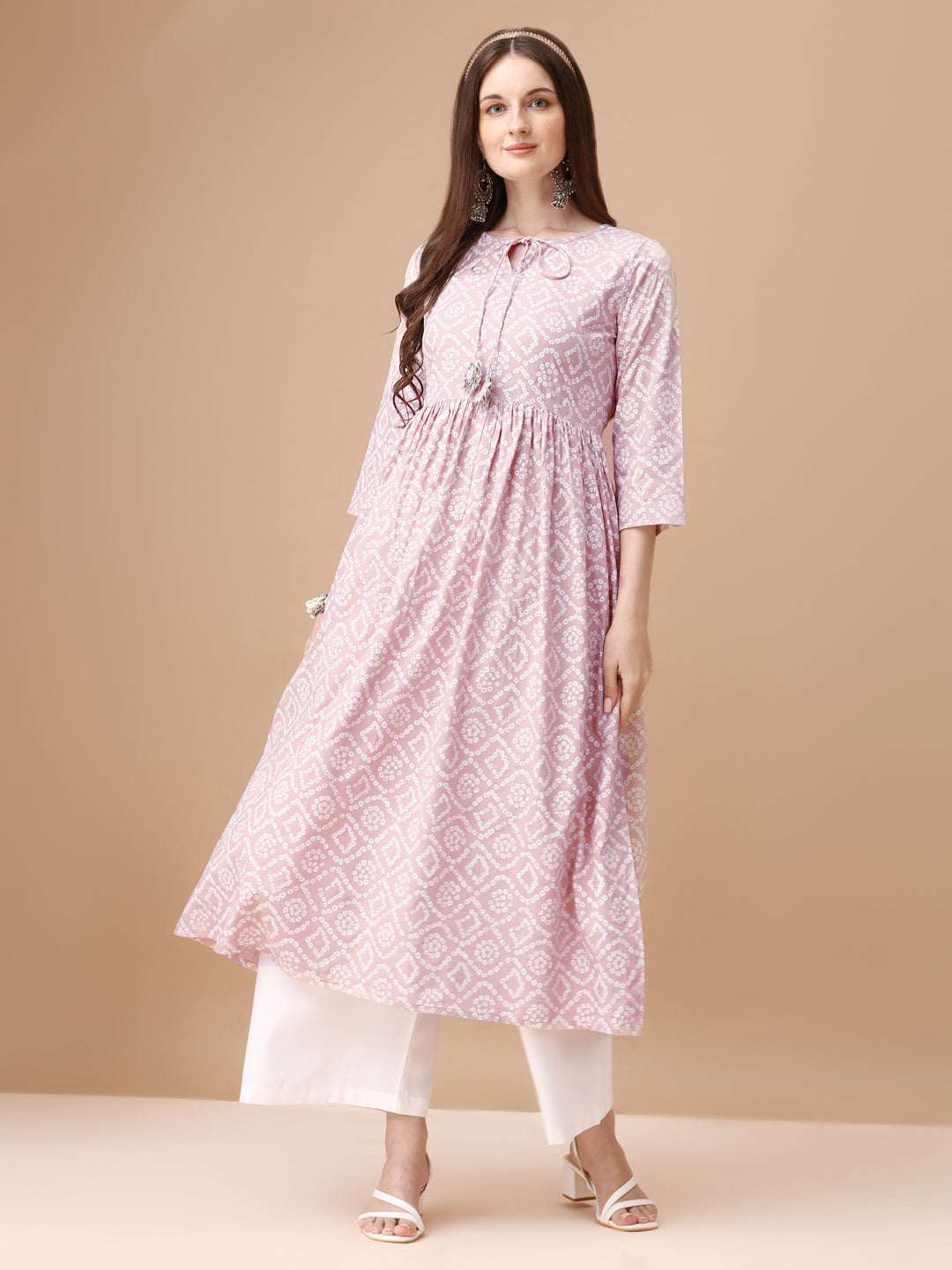 Bandhani Printed Flared Tie Up Neck Kurta, Multicolor - Hiral Fashion