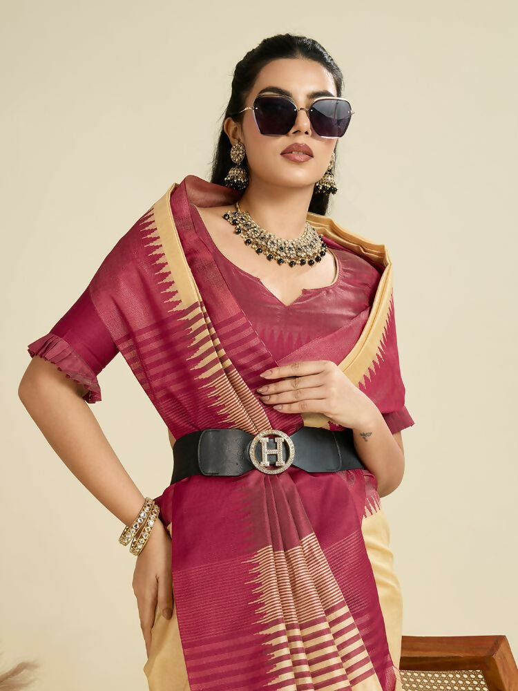 Vishnu Weaves Women's Chiku Raw Silk Thread Woven Saree with Blouse - Swadesiicart