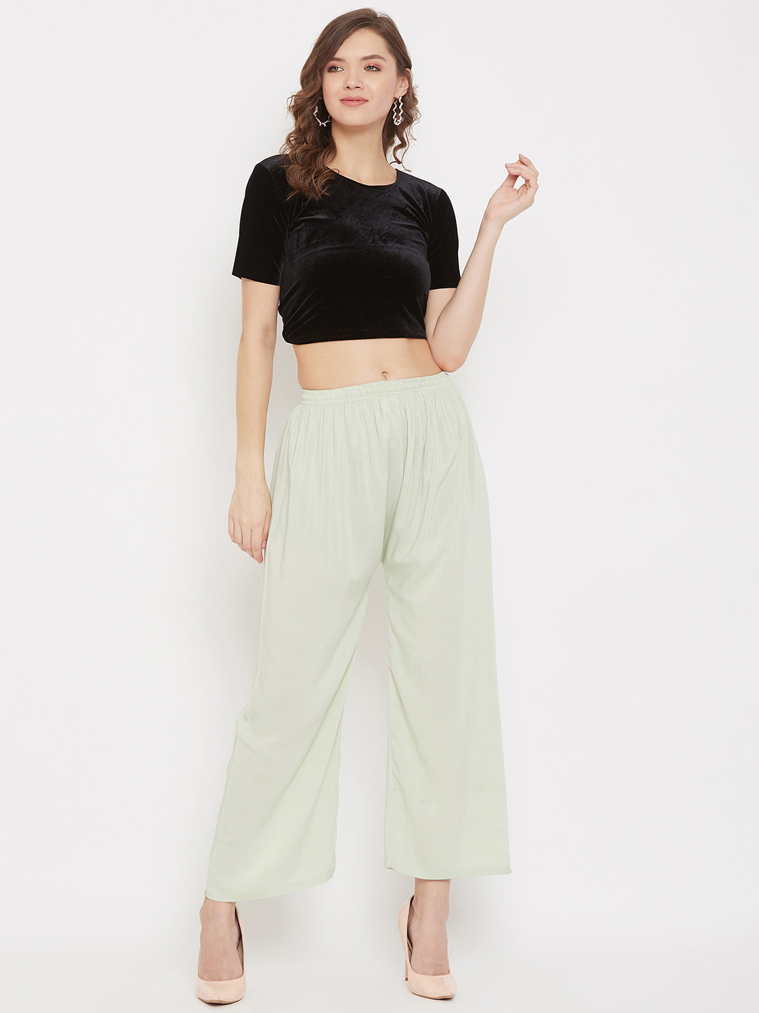 Wahe-NOOR Women's Pista Green Straight Solid Palazzo | Swadesiicart