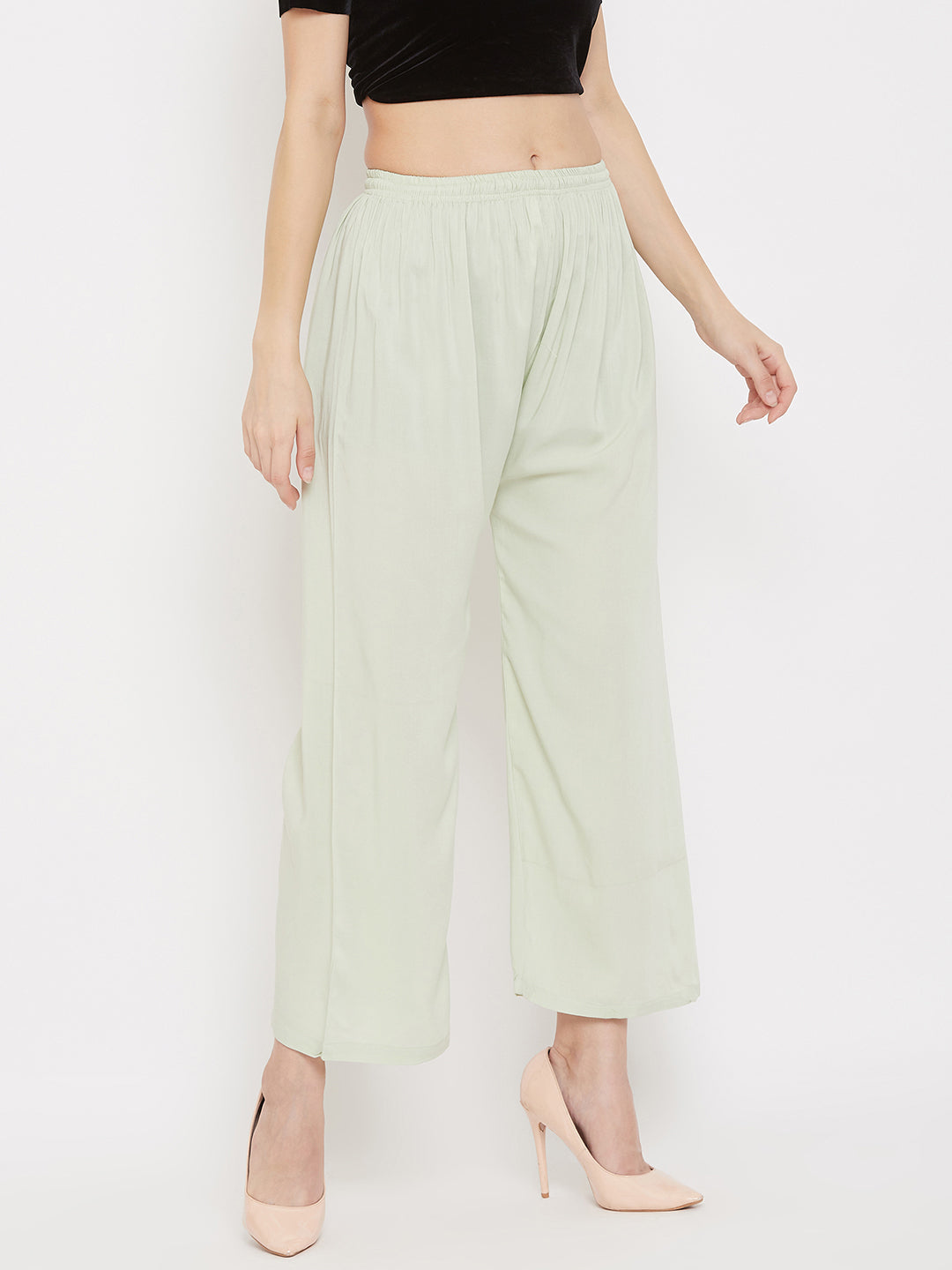 Wahe-NOOR Women's Pista Green Straight Solid Palazzo | Swadesiicart