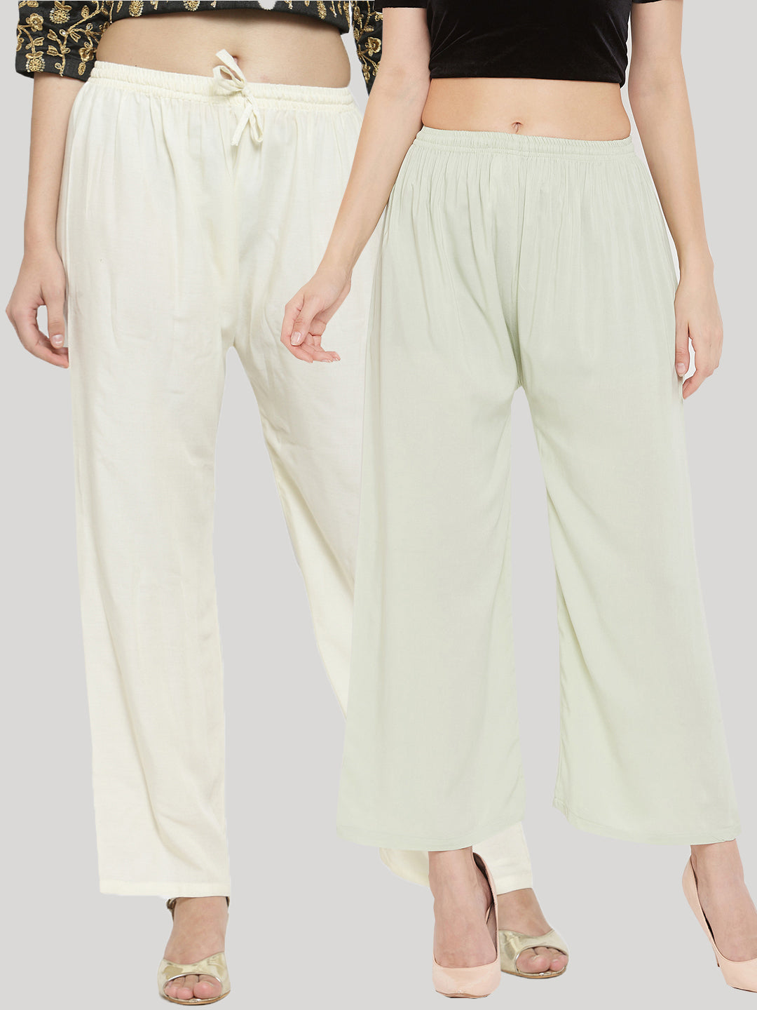 Wahe-NOOR Women's Solid Cream & Pista Green Rayon Palazzo (Set Of 2) | Swadesiicart