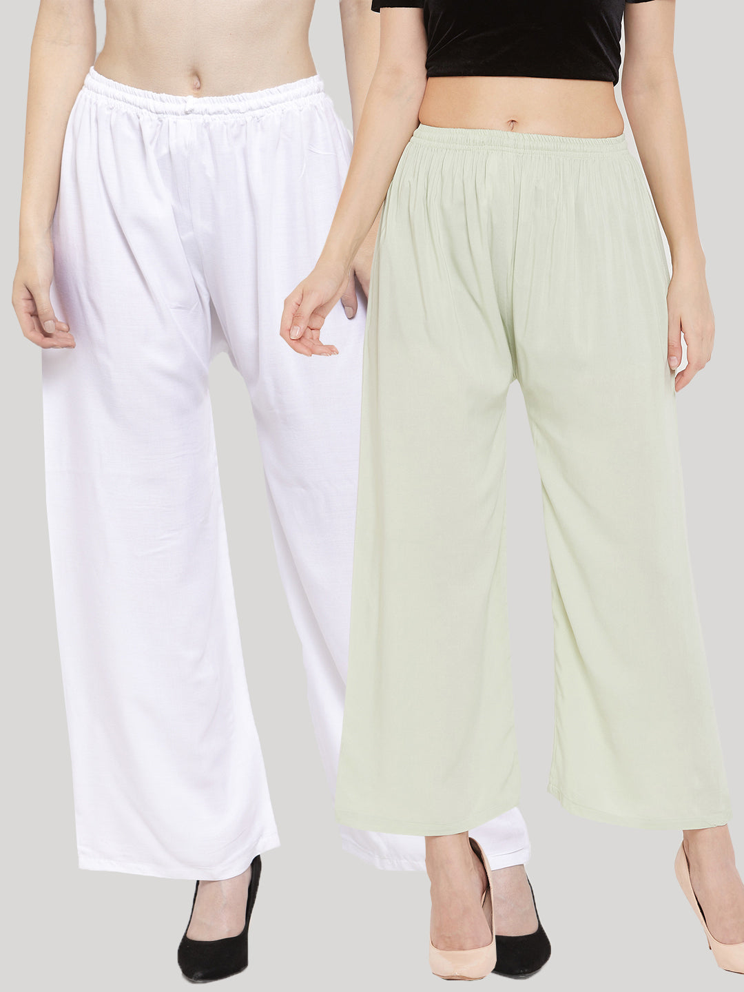 Wahe-NOOR Women's Solid White & Pista Green Rayon Palazzo (Set Of 2) | Swadesiicart