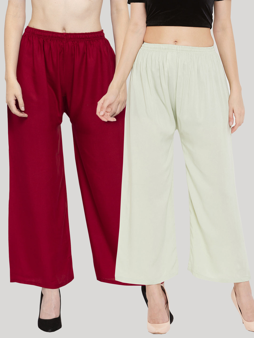 Wahe-NOOR Women's Solid Maroon & Pista Green Rayon Palazzo (Set Of 2) | Swadesiicart