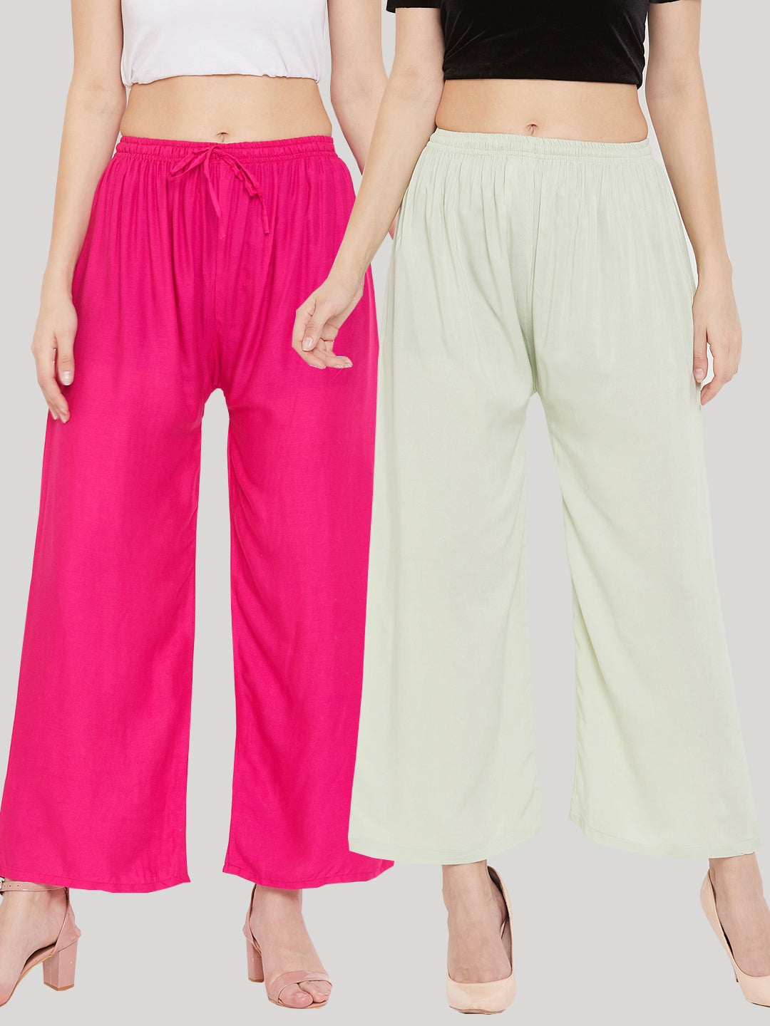 Wahe-NOOR Women's Solid Magenta & Pista Green Rayon Palazzo (Set Of 2) | Swadesiicart