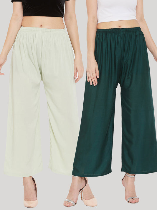 Wahe-NOOR Women's Solid Pista Green & Bottle Green Rayon Palazzo (Set Of 2) | Swadesiicart