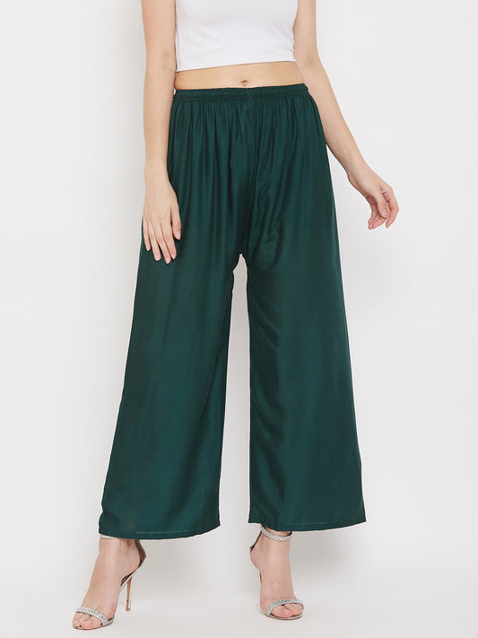Wahe-NOOR Women's Solid Pista Green & Bottle Green Rayon Palazzo (Set Of 2) | Swadesiicart