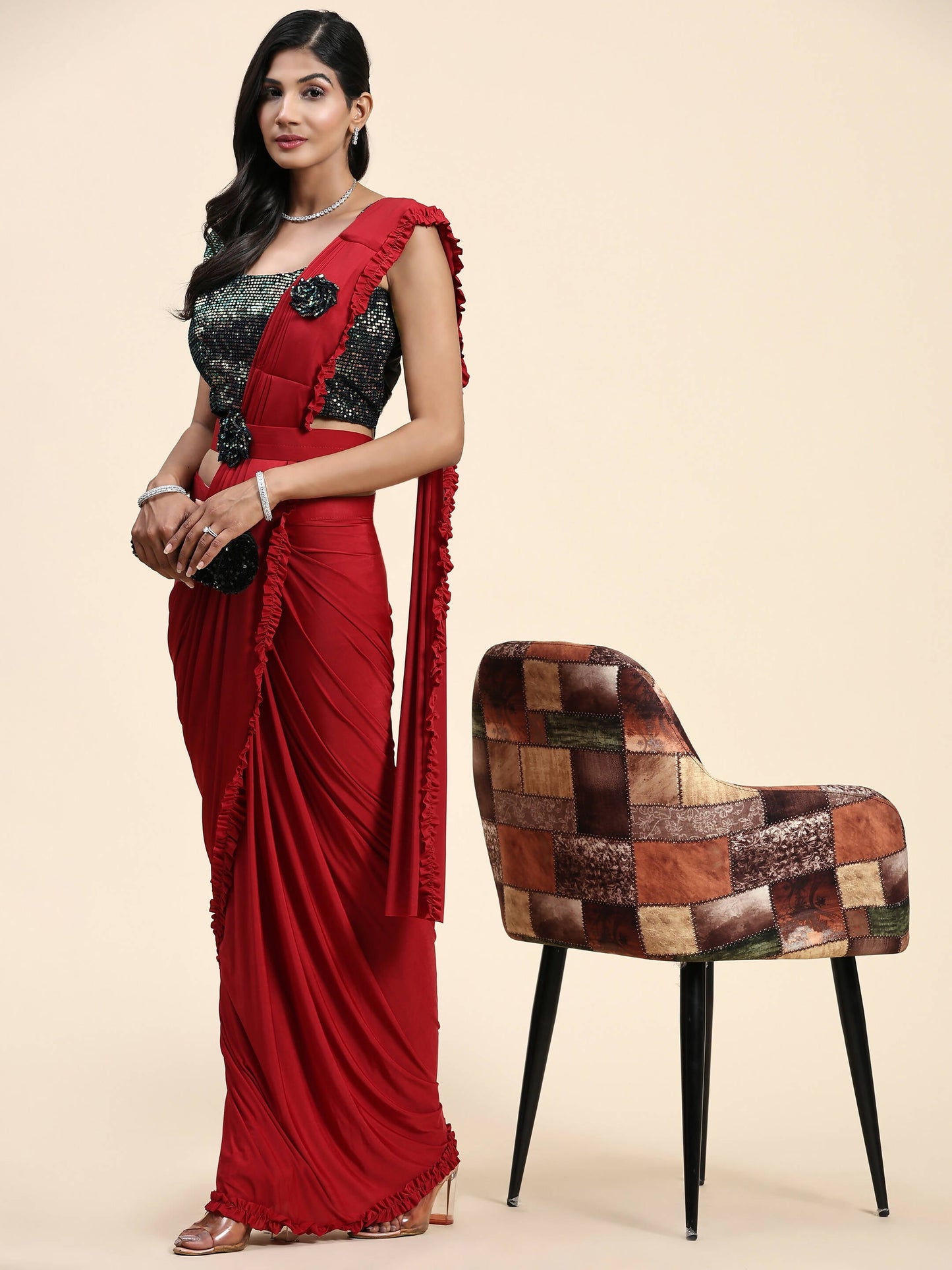 Red Imported Fabric Plain Ready to wear Saree with stitched Blouse - Vrinda | Swadesiicart