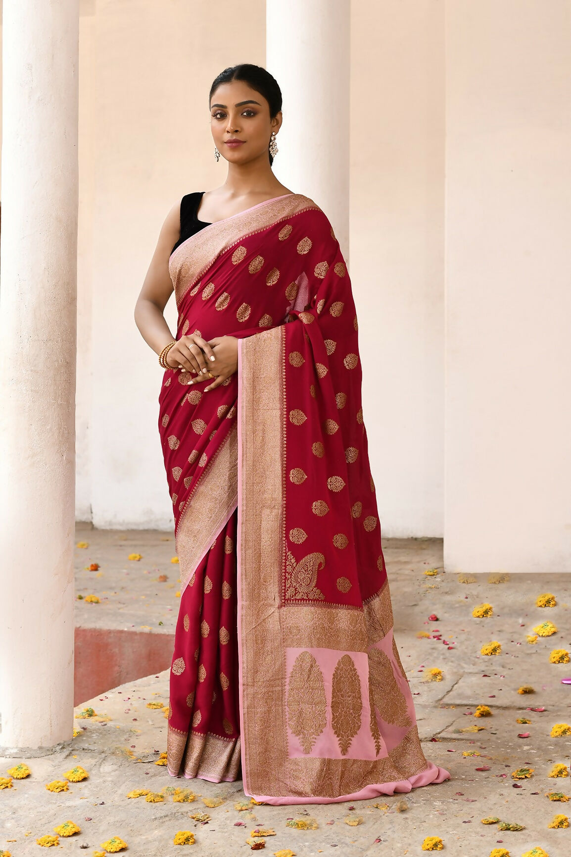 Joban Fashion Red Crepe Chiffon Pure Handloom Banarasi Silk Saree | Swadesiicart