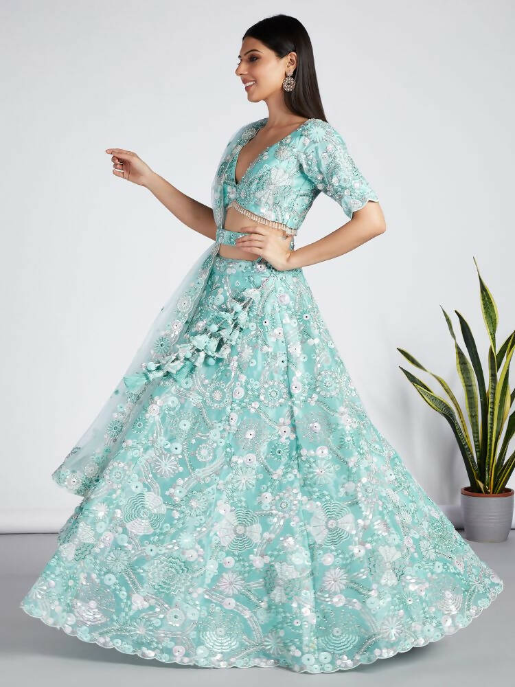 House of Panchhi Turquoise Blue Organza Sequins, Zarkan And Thread Embroidery Lehenga Choli & Dupatta | Swadesiicart