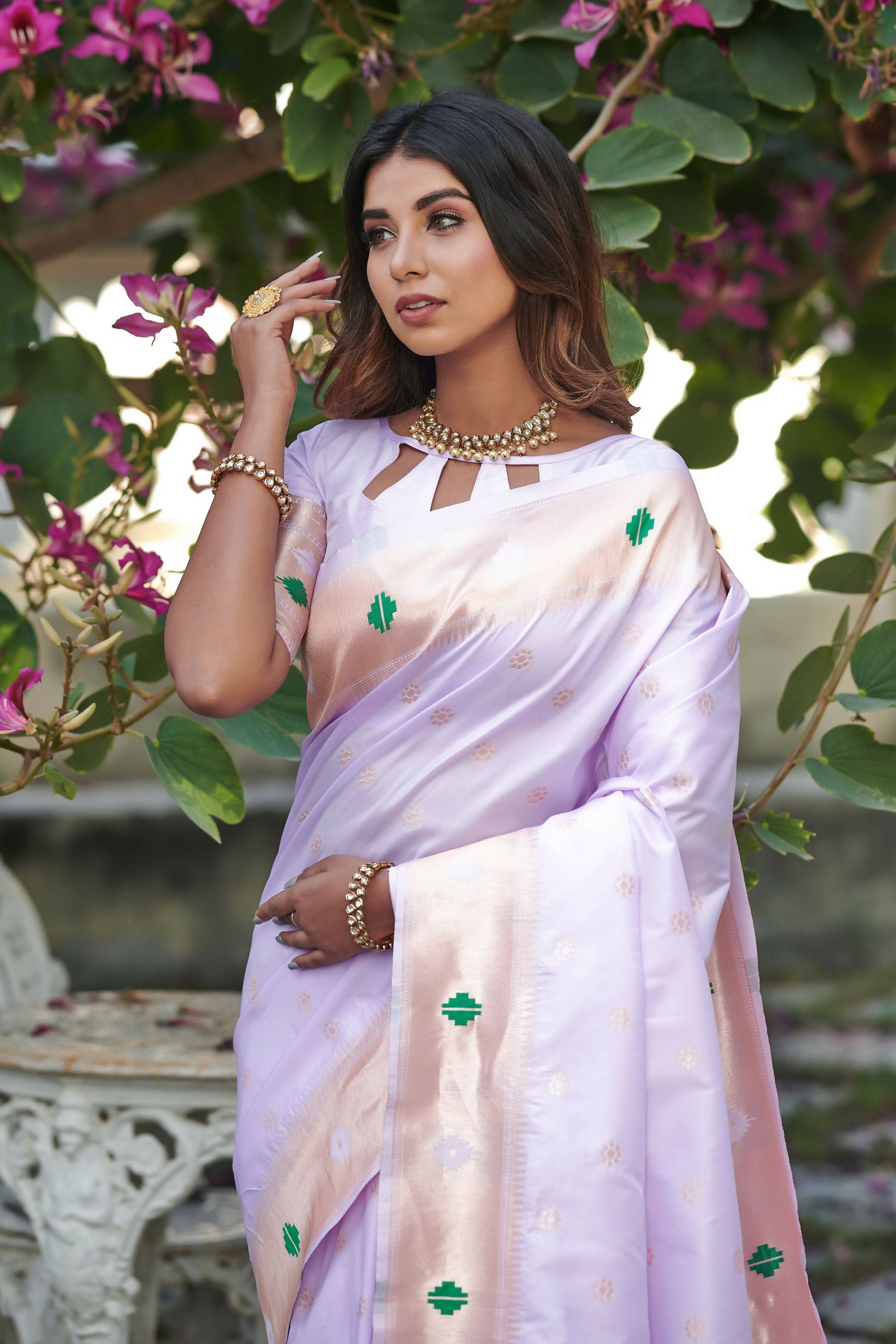 Vishnu Weaves Women's Purple Banarasi Silk Zari Woven Paithani Saree with Unstitched Blouse - Swadesiicart