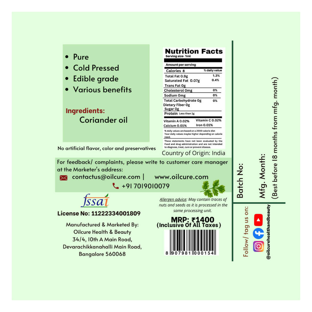 Oilcure Coriander Seed Oil Cold Pressed - Swadesiicart
