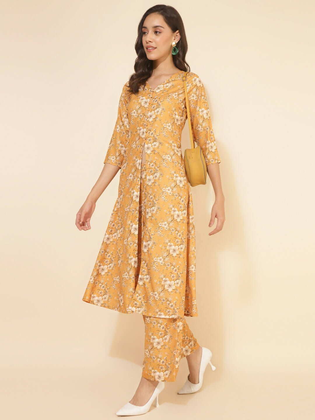 Janasya Women's Mustard Moss Floral Printed Casual Front Slit Co-ords - Swadesiicart