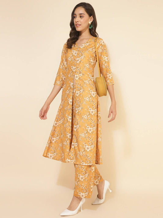 Janasya Women's Mustard Moss Floral Printed Casual Front Slit Co-ords - Swadesiicart