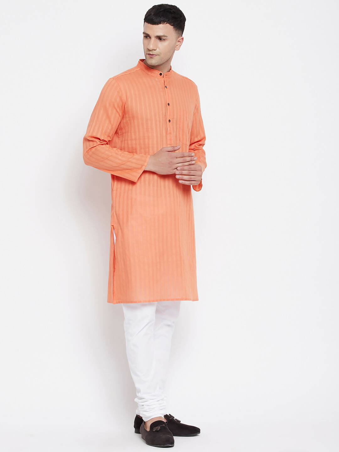 Even Apparels Orange Color Pure Cotton Men's Kurta With Band Collar | Swadesiicart