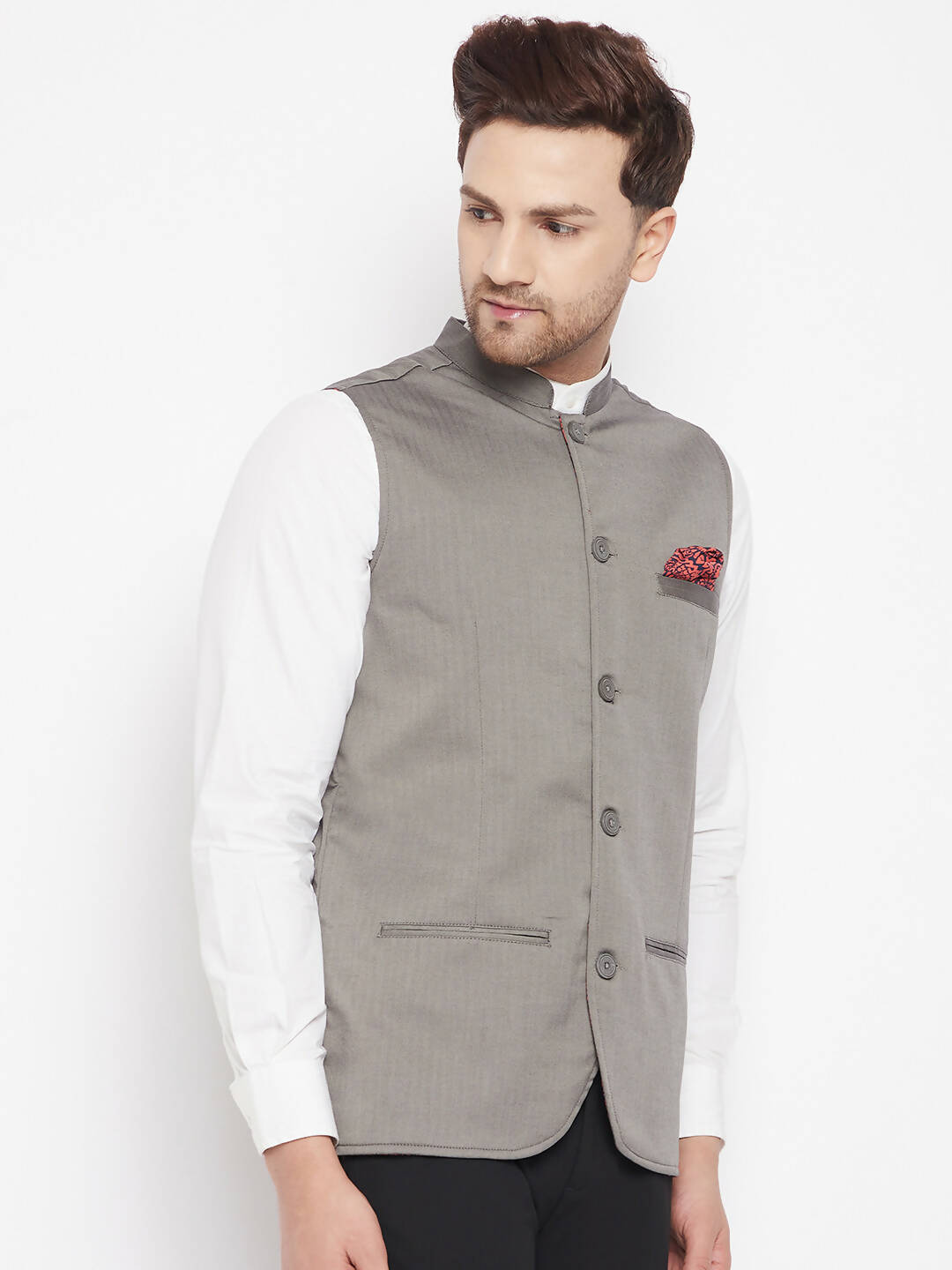 Even Apparels Grey Polyester Men's Nehru Jacket-Contrast Lining-Inbuilt Pocket Square | Swadesiicart