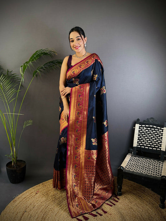 Joban Fashion Banarasi Navy Blue Woven Soft Silk Saree | Swadesiicart