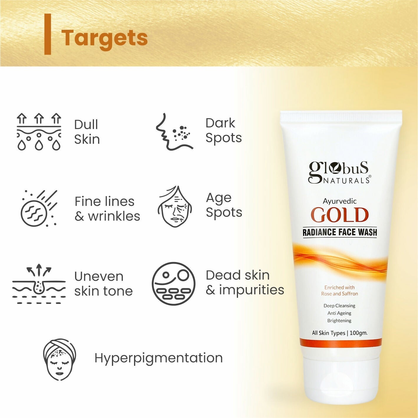 Globus Naturals Gold Radiance Anti Ageing & Brightening Face Wash | Swadesiicart