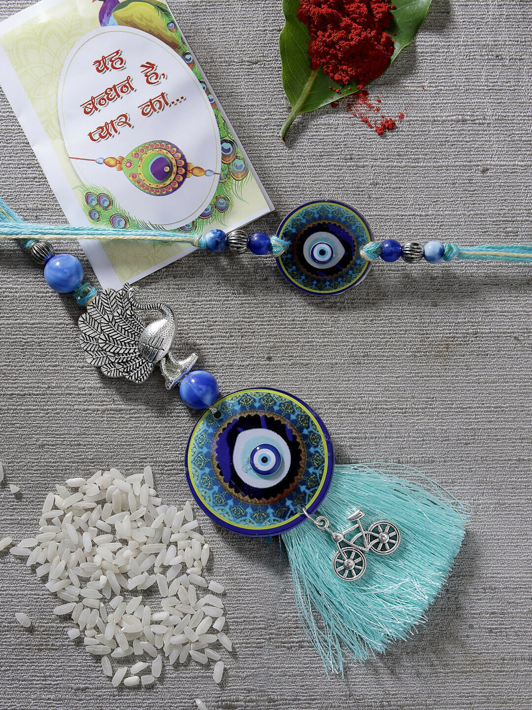 NVR Women & Men Set of 2 Blue Evil Eye & Beaded Bhaiya Bhabi Rakhi With Roli Chawal | Swadesiicart