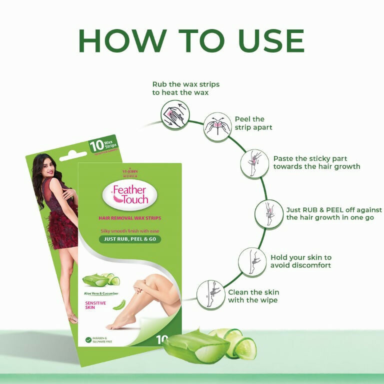 VI-JOHN Feather Touch Cucumber & Alevera Hair Removal Wax Strips for Dry Skin Praraben & Sulphate Free | Swadesiicart