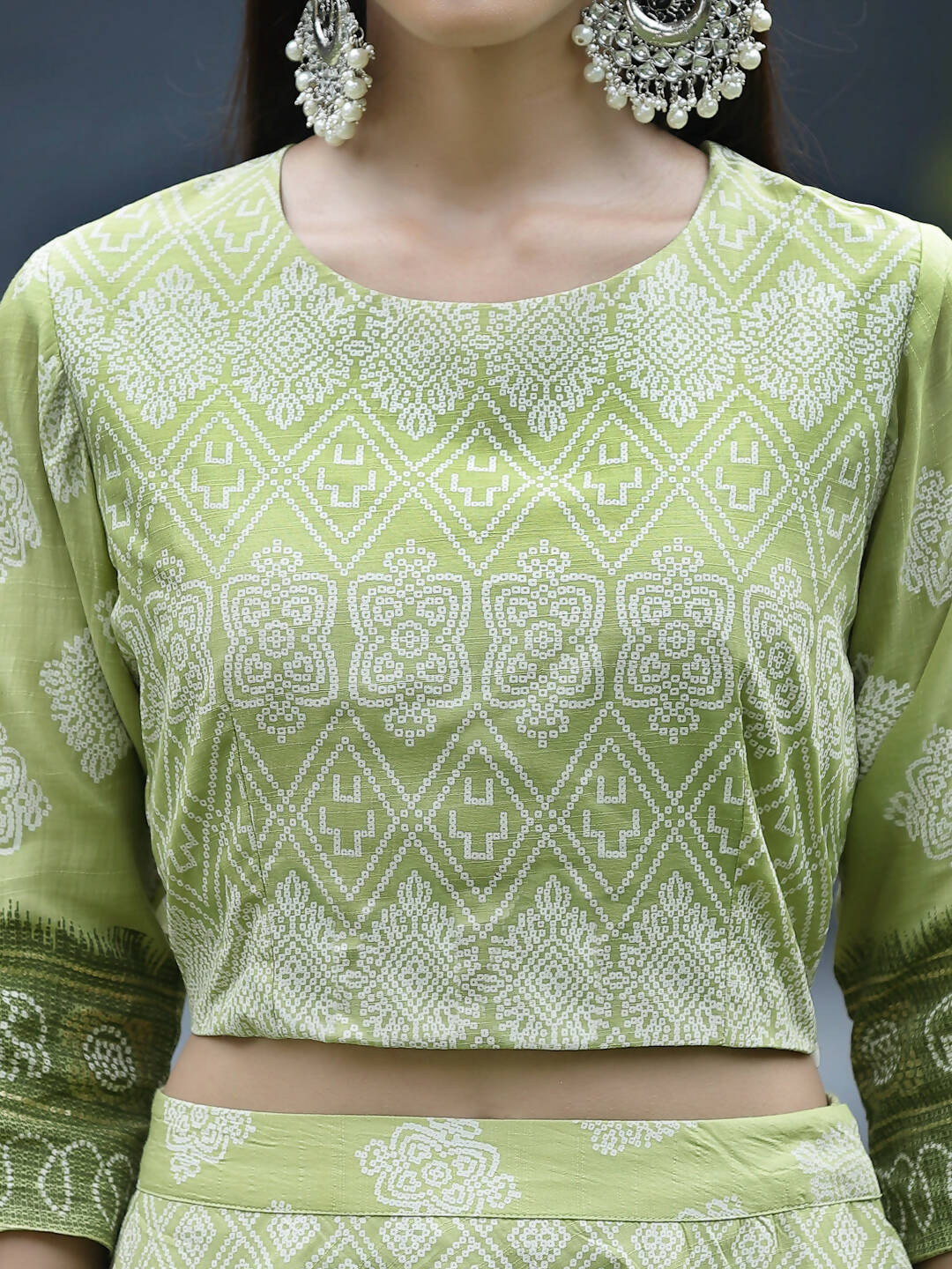 Juniper Green Santoon Slub Festive Foil Print Straight Lehnga Choli Set For Women | Swadesiicart