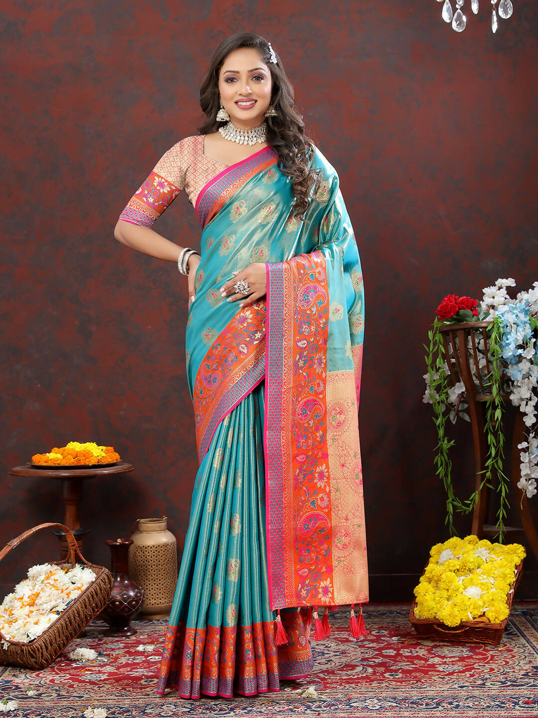 Lorenvalley Fashion Skyblue Kanjivaram Silk Woven Design with Zari Weaving Saree - Swadesiicart