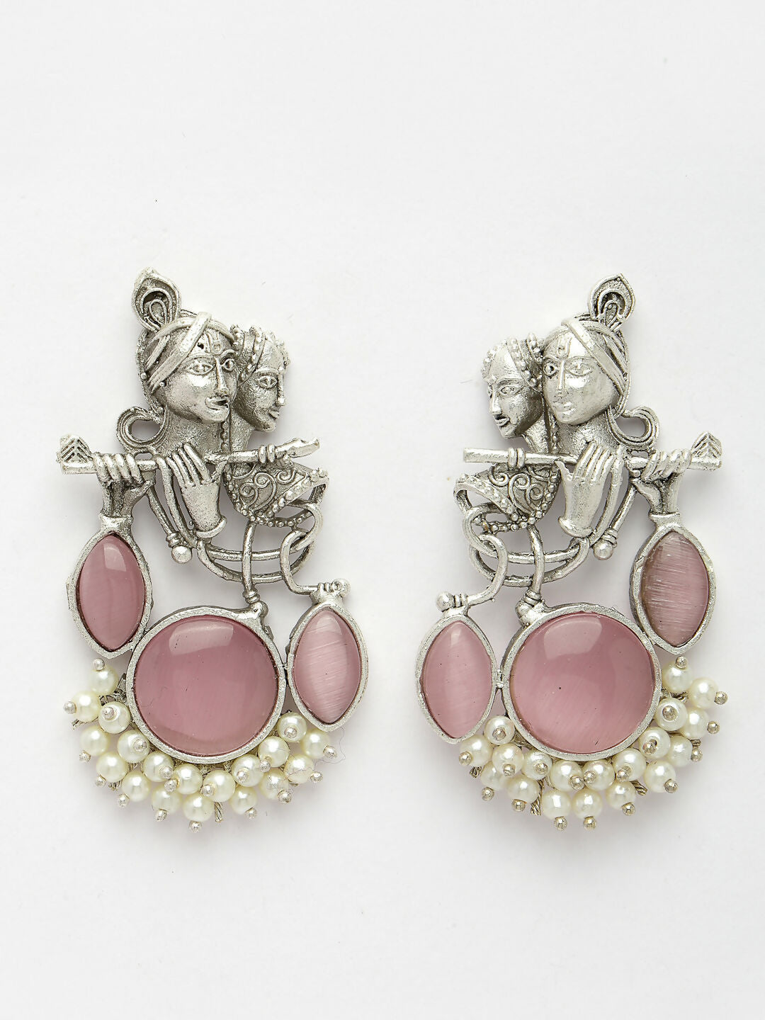 NVR Women's Silver-Plated Artificial Stones and Beads Radha Krishna Drop Earrings | Swadesiicart