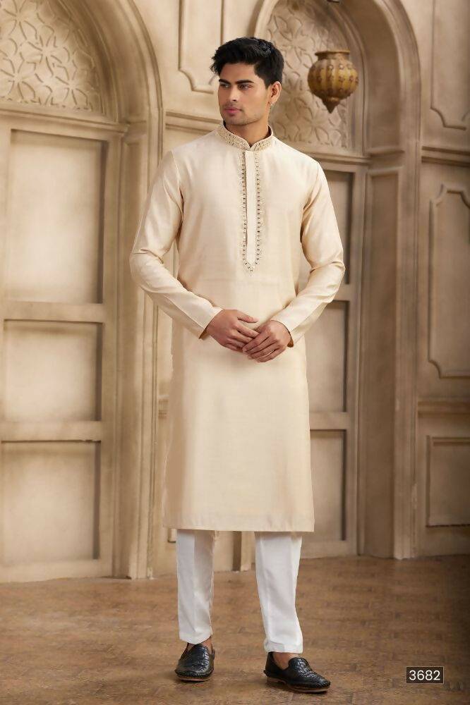 Raivat Ethnic Banarasi Art Silk Mirror Work Kurta Pajama In Beige Colour | Swadesiicart