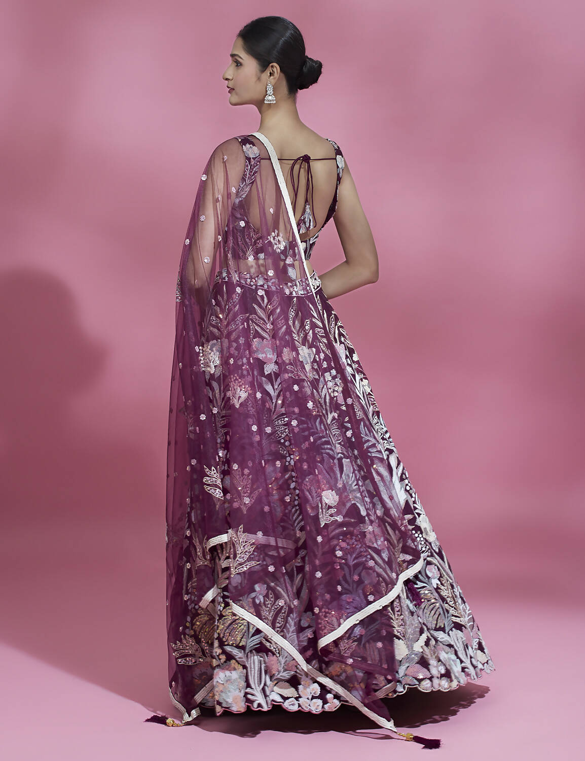 House of Panchhi Burgundy Net Sequinse Work Lehenga & Blouse with Dupatta | Swadesiicart