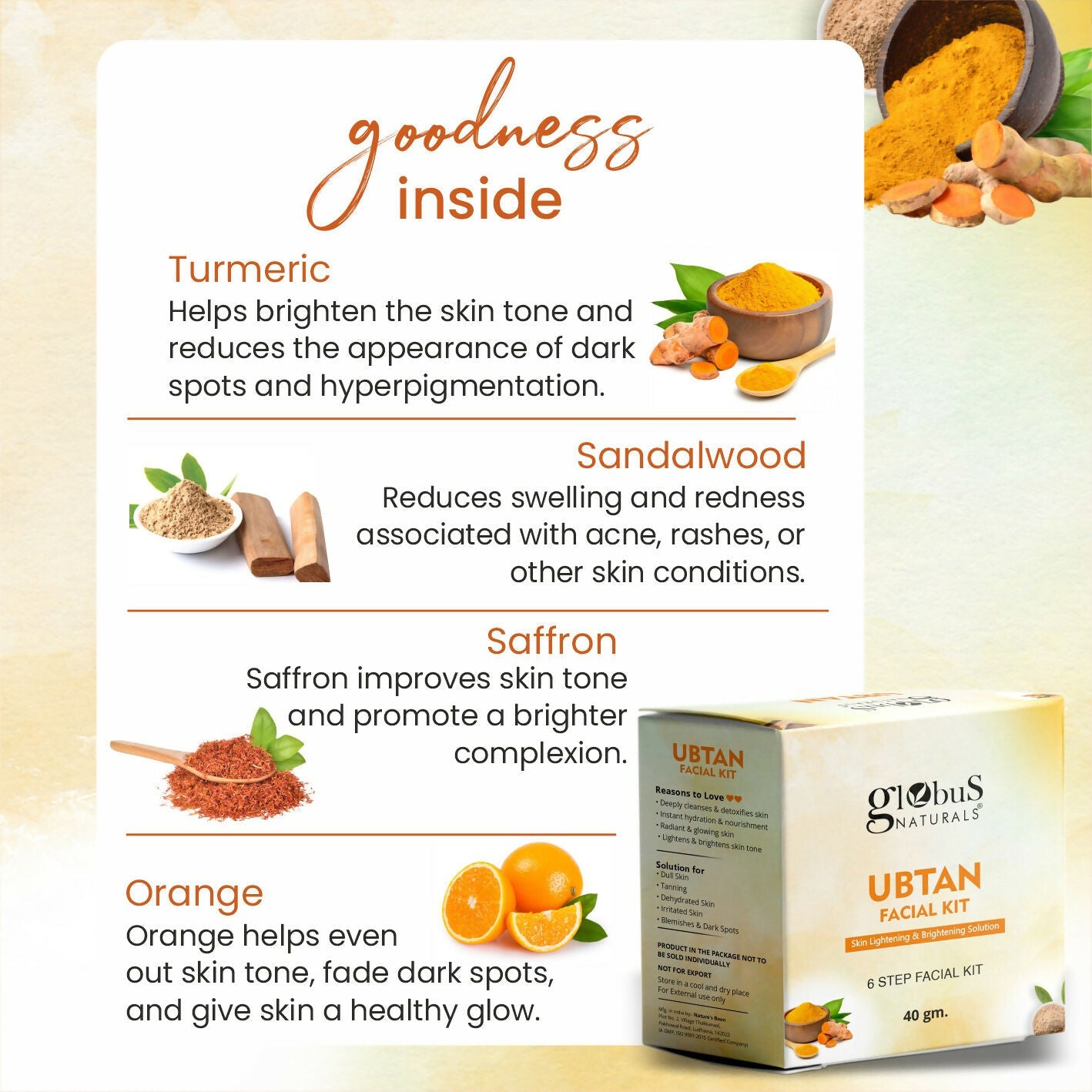 Globus Naturals Brightening Ubtan 6 Step Facial Kit | Swadesiicart